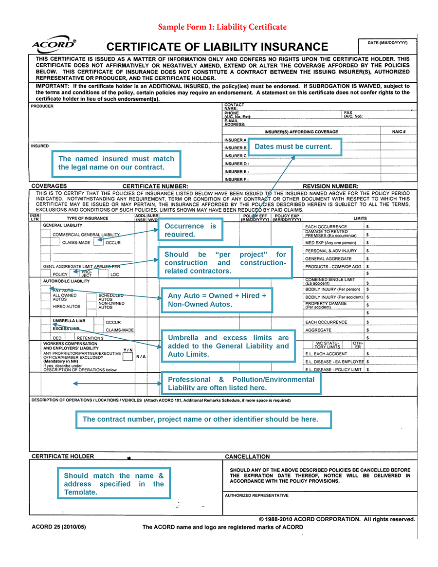 Sample Form 1 Certificate of Liability Insurance Enlarged